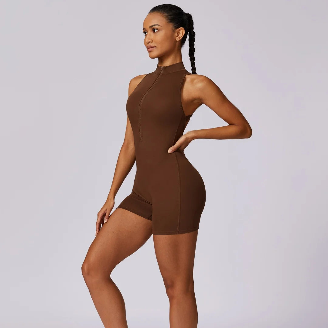 Solid Soft Backless Back Waist Scrunch Yoga Jumpsuit Short Set Women Zipper Sportswear Fitness One Piece Sports Suit Workout