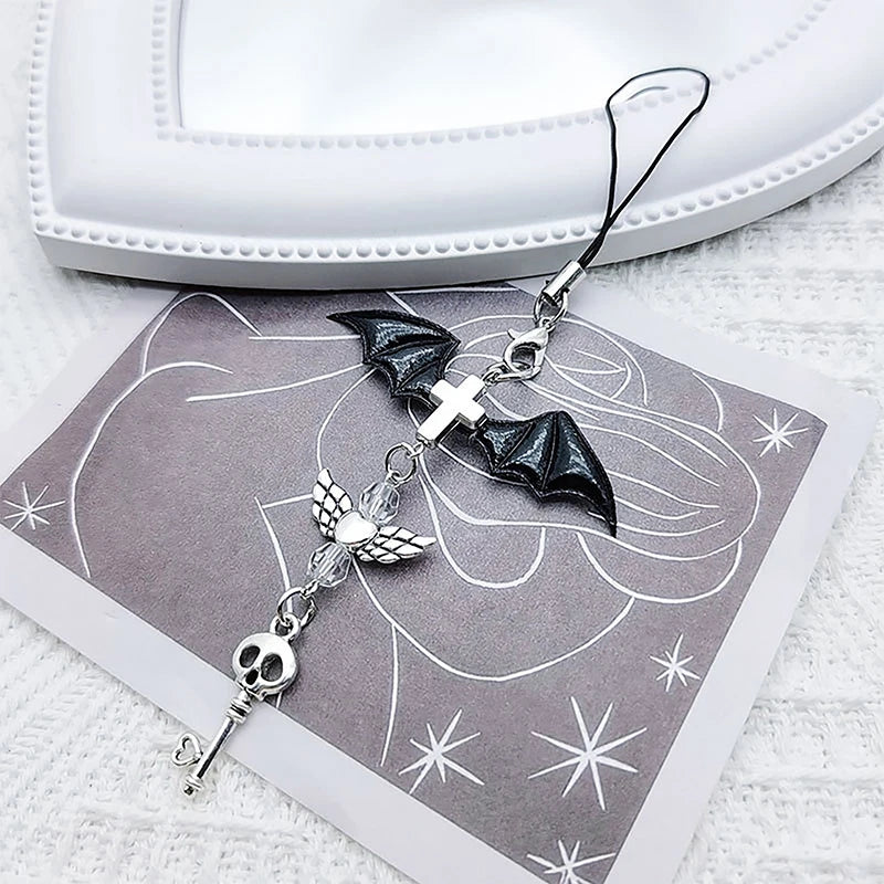Black Punk Y2K Phone Pendant Chain Cool Girl Sweet Charm With Cross Butterfly Accessories For Phone Bag Lanyard Keychain