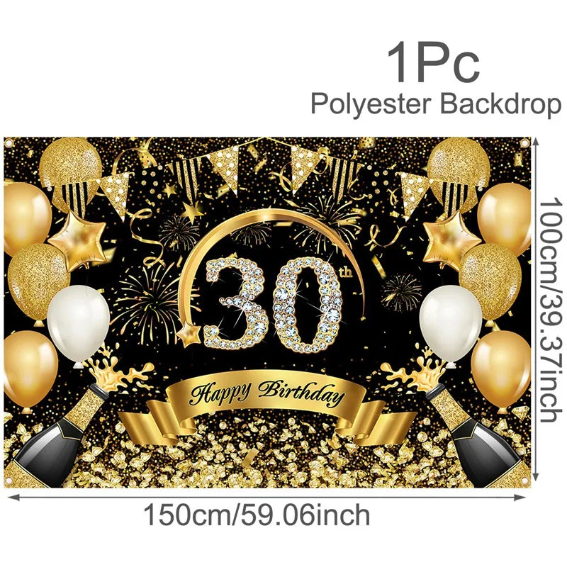 Happy 30th 40th 50th Birthday Banners Black Gold Birthday Party Decorations Adults 30 40 50 Years Old Birthday Party Supplies