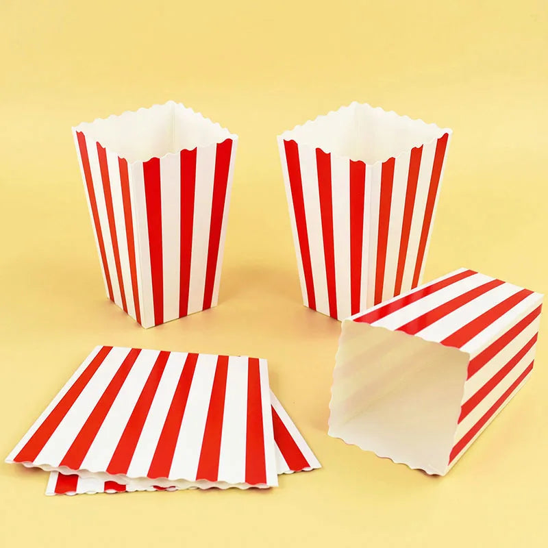 10Pcs Popcorn Paper Boxes Buckets Red White Stripes Bags Snack Containers For Movie Night Birthdays Carnival Party Supplies