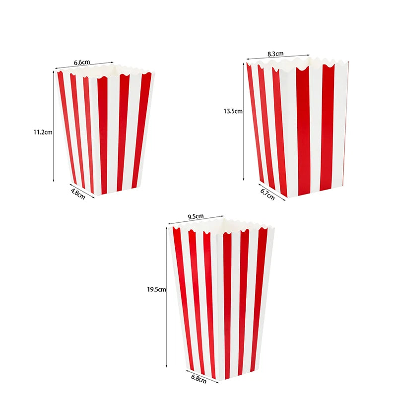 10Pcs Popcorn Paper Boxes Buckets Red White Stripes Bags Snack Containers For Movie Night Birthdays Carnival Party Supplies