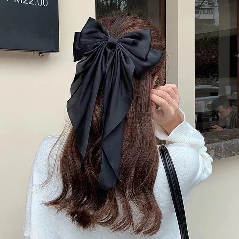 Chiffon Bow Hair Clip Women Large Bowknot Stain Hairpin Barrettes Girls Solid Color Ponytail Clip Hair Accessories Headwear Gift