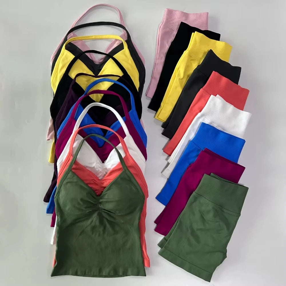 2 Pieces Impact Sports Set Women Backless Tank Yoga Tops High Waist Scrunch Seamless Shorts Sport Gym Set Sportswear Workout Set