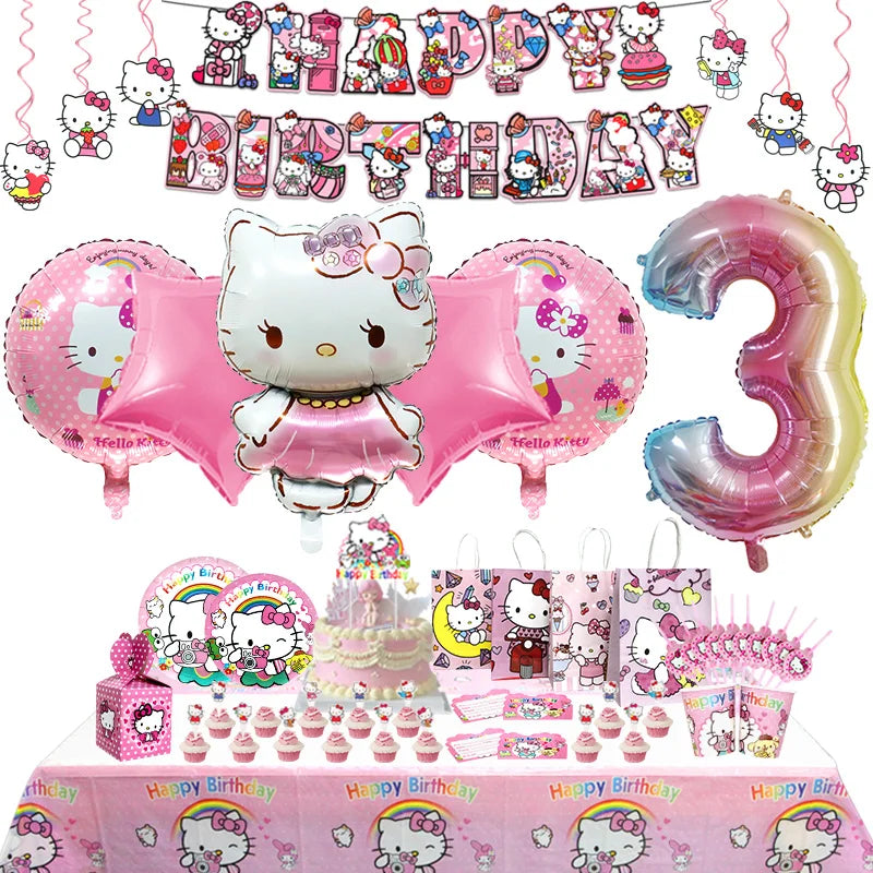 Hello Kitty Birthday Party Decoration Cartoon Cat Kids Aluminum Foil Balloon Disposable Tableware Banner Child Event Supplies
