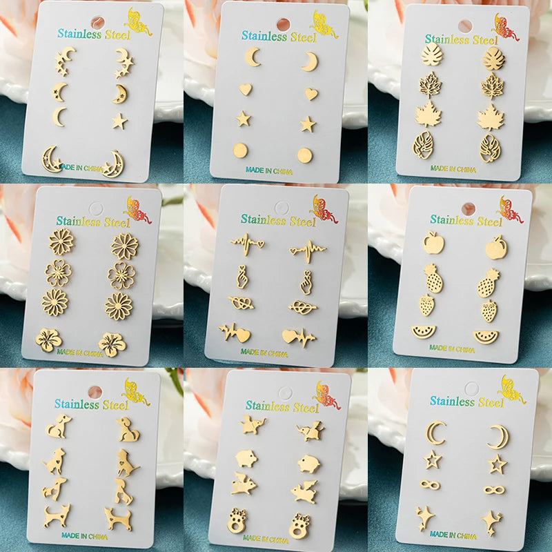 4Pairs/Lot Fashion Stainless Steel Star Moon Stud Earrings Sets for Women Small Flower Porker Dog Earings Jewelry Gift Wholesale