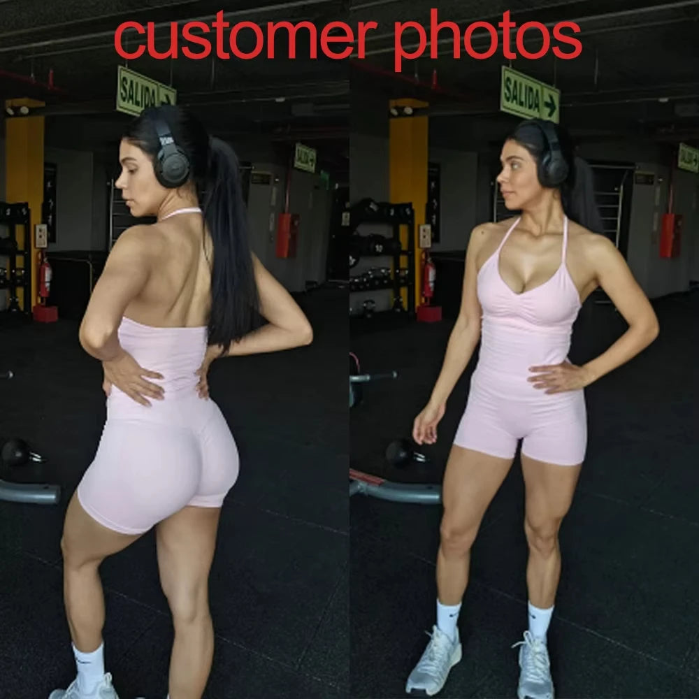 2 Pieces Sports Set Women Backless Tank Tops High Waist Scrunch Seamless Shorts Sport Suit Gym Set Sportswear Workout Set