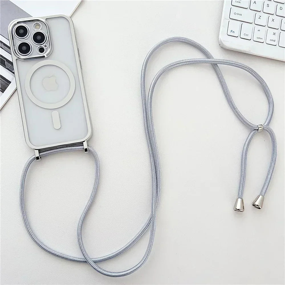 Crossboby Lanyard Plating Clear Phone Case For iPhone 17 Air 16E 16 15 14 13 12 Pro Max For Magsafe Magnetic Necklace Cord Cover