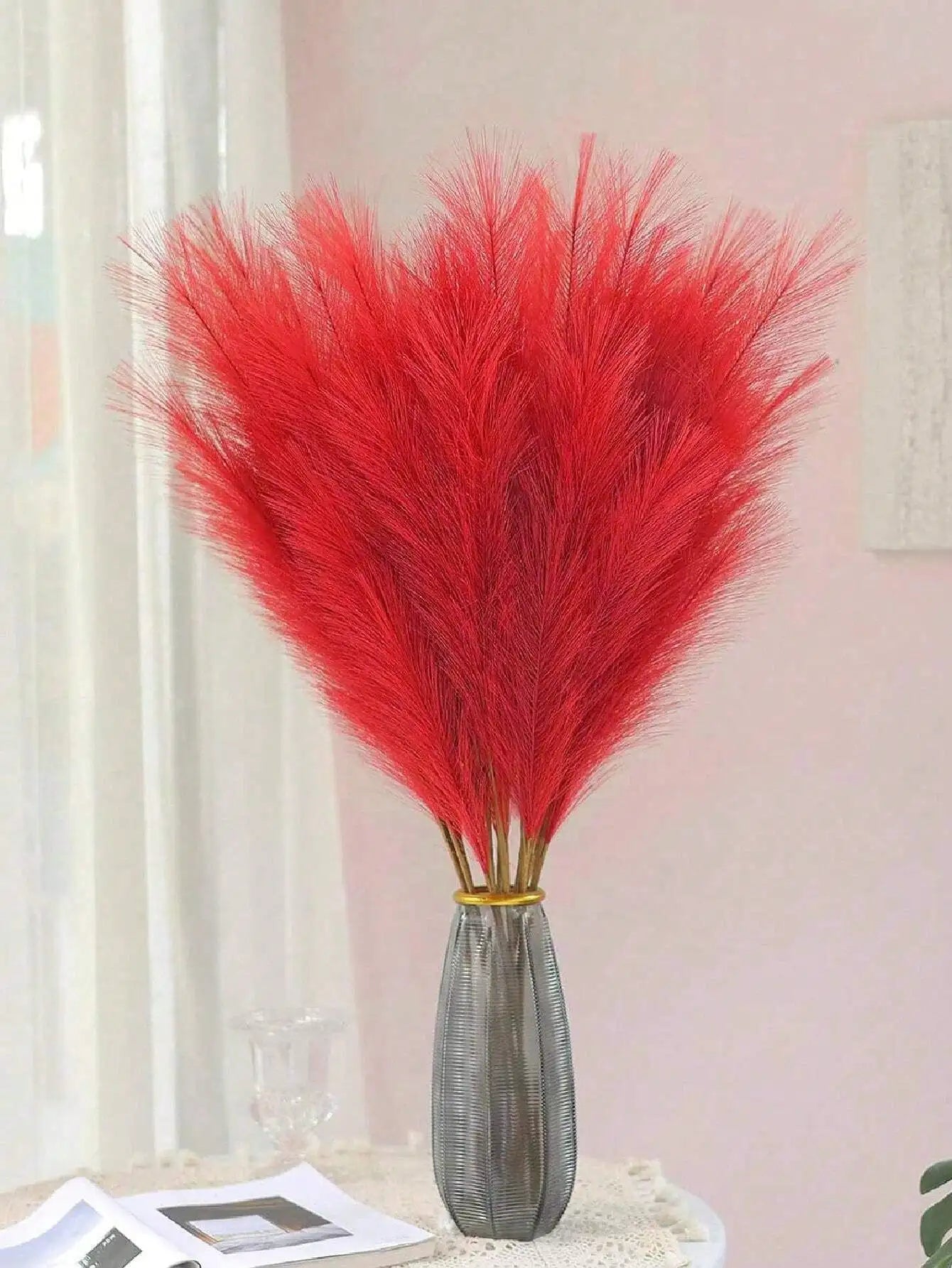 5/10/20pcs Red Artificial Reeds,55cm/21.65in Tall Plush Faux Grass,Large General Pampas Tree Branches,Wedding Party Decoration