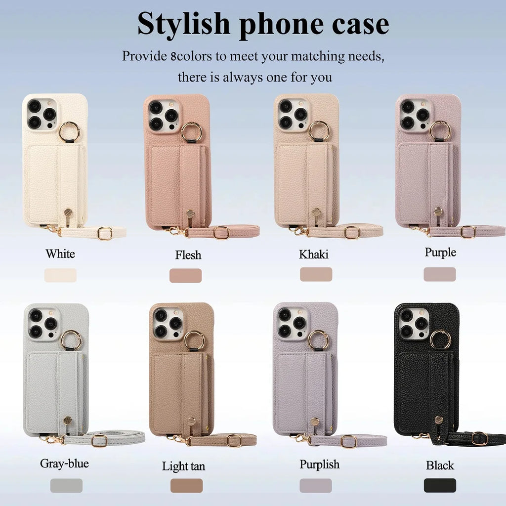 Luxury Shoulder Leather Card Pocket Wallet Case For iPhone 11 12 13 14 15 16 17 Pro Max Plus Purse Phone Cover Wrist Strap Stand