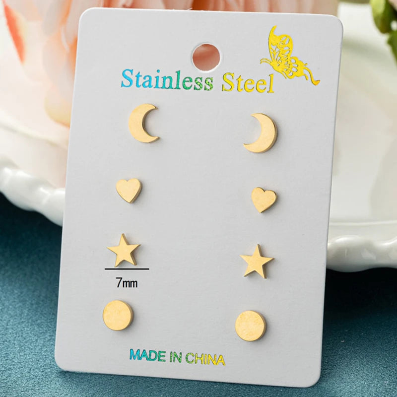 4Pairs/Lot Fashion Stainless Steel Star Moon Stud Earrings Sets for Women Small Flower Porker Dog Earings Jewelry Gift Wholesale