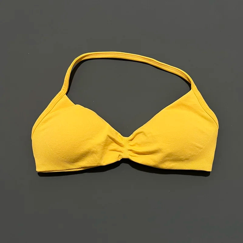 Sports Bra Strappy Backless Yoga Gym Bra Scrunch Push-up Removable Cups Women Workout Clothing Gym Top Halter Sport Bras