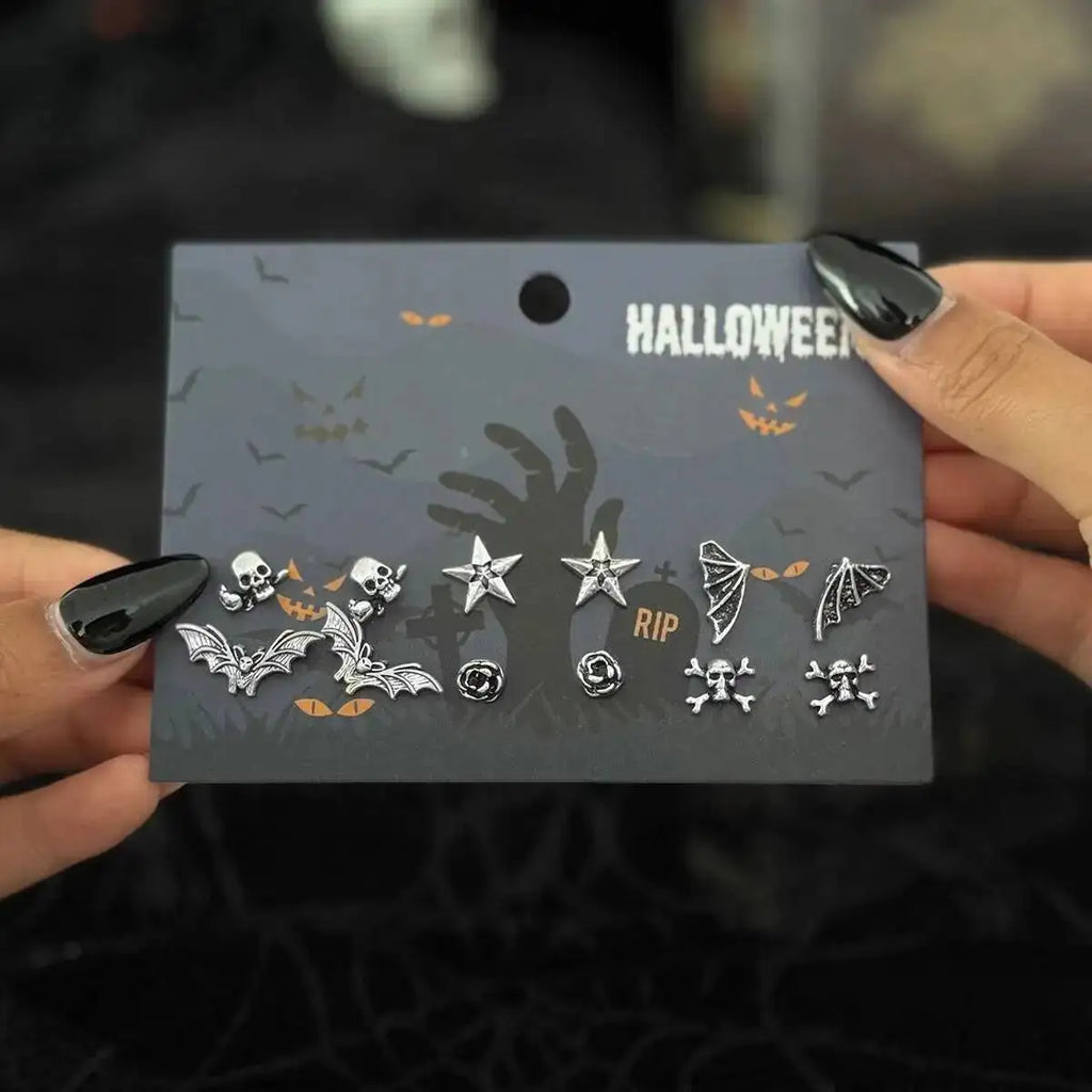 KunJoe 6 Pairs Gothic Spider Cross Skull Earrings for Women Retro Bat Skeleton Stud Earrings Halloween Jewelry Accessories