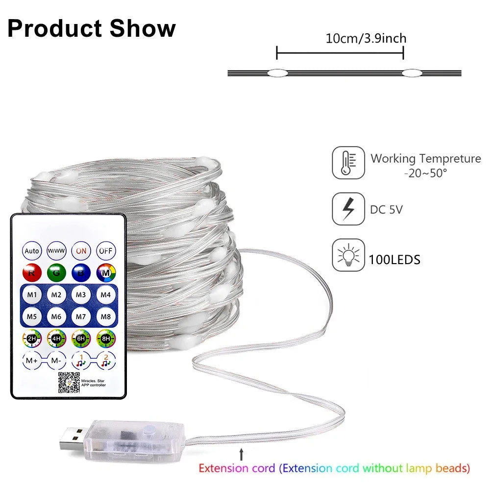 String LED Bluetooth Fairy Lights Dreamcolor RGBIC DIY Party Christmas Tree Lights Wedding Decor Garland USB Lamp 15M/10M/5M/2M