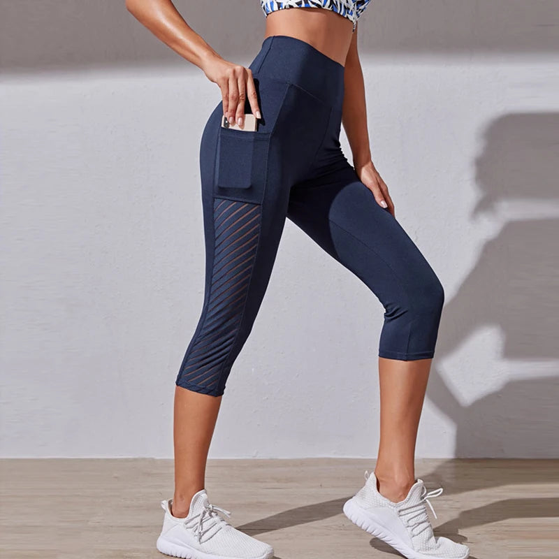 Women Sport Shorts cropped pants Fitness Nudity High Waist Hip Lift Running Yoga Side Pockets Tights Quick Dry Gym Sportswear