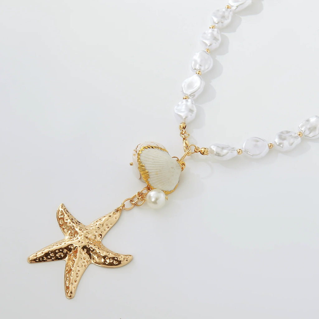 MHS.SUN Summer Shell Starfish Conch Pendant Necklace for Women Bohemian Metal Gold Color Chic Beach Jewelry Vacation Party Gift