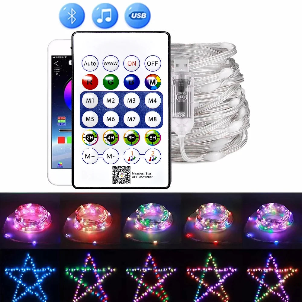 String LED Bluetooth Fairy Lights Dreamcolor RGBIC DIY Party Christmas Tree Lights Wedding Decor Garland USB Lamp 15M/10M/5M/2M
