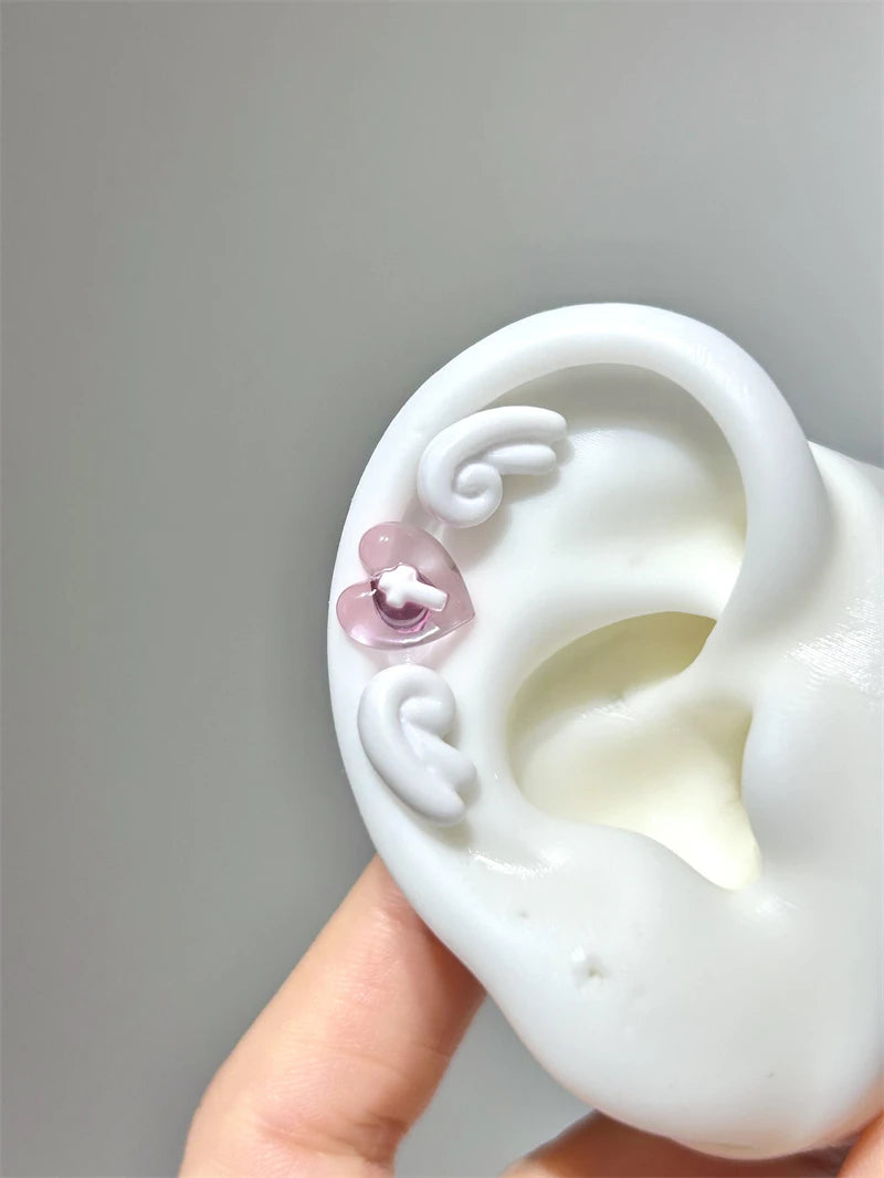 Sweet Angel's Wings Stainless Steel Ear Bone Nail Cute Acrylic Love Heart Cross Earrings for Women Body Puncture Accessories