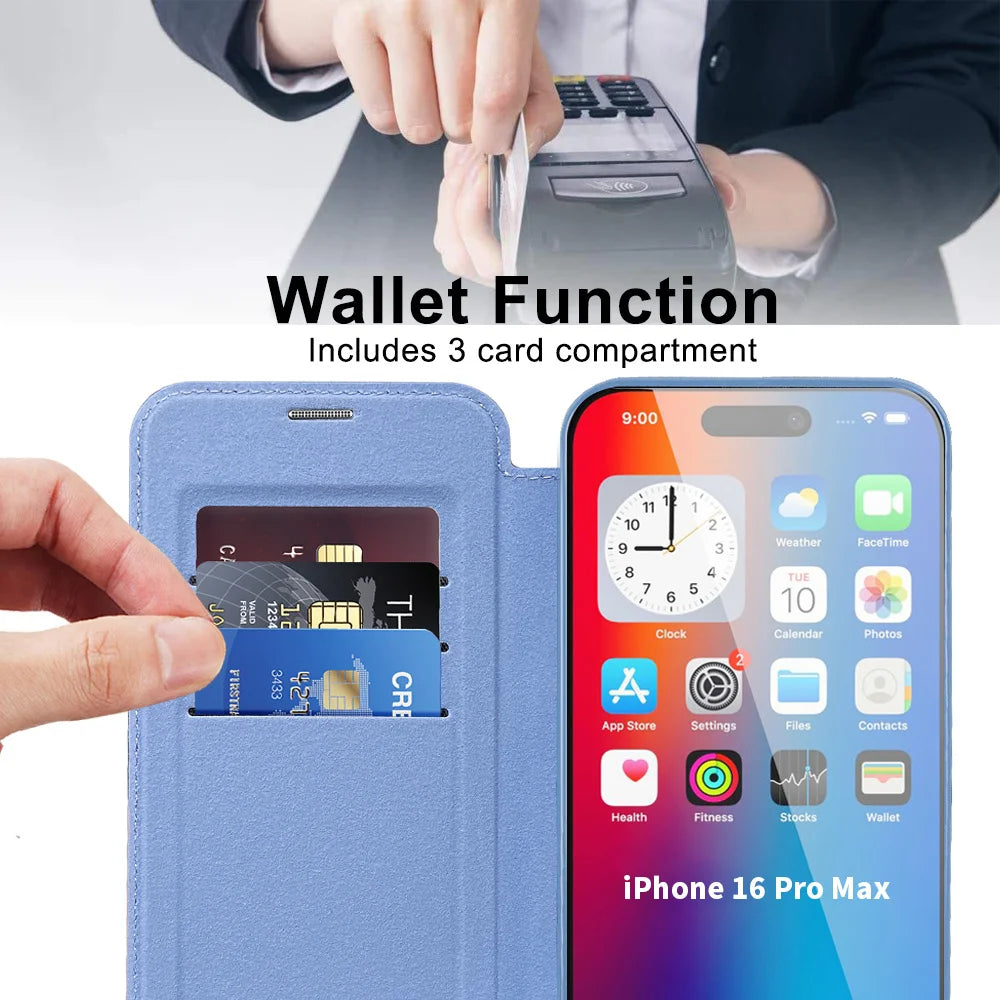 Luxury Transparent Flip Leather Wallet Magnetic Phone Case For iPhone 15 16 17 Pro Max 14 13 12 11 Card Bag For Magsafe Cover