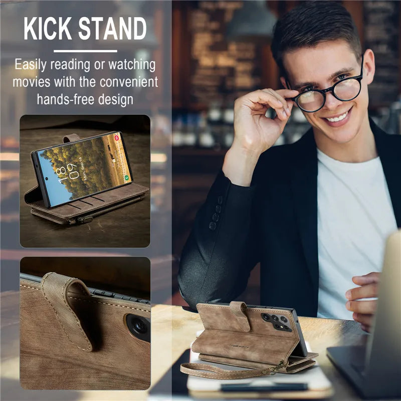 Flip Leather Phone Case For Samsung Galaxy S25 Edge S24 Ultra S23 FE S22 S21 S20 Plus Note 20 A16 A56 Zipper Wallet Card Cover