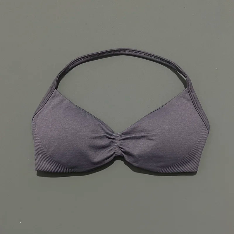 Sports Bra Strappy Backless Yoga Gym Bra Scrunch Push-up Removable Cups Women Workout Clothing Gym Top Halter Sport Bras