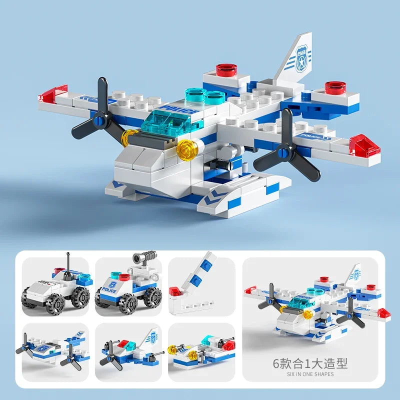 6IN1 Building Blocks City Fire Car Police Truck Engineering Crane Tank Helicopter Bricks Set Toys for Children Kids