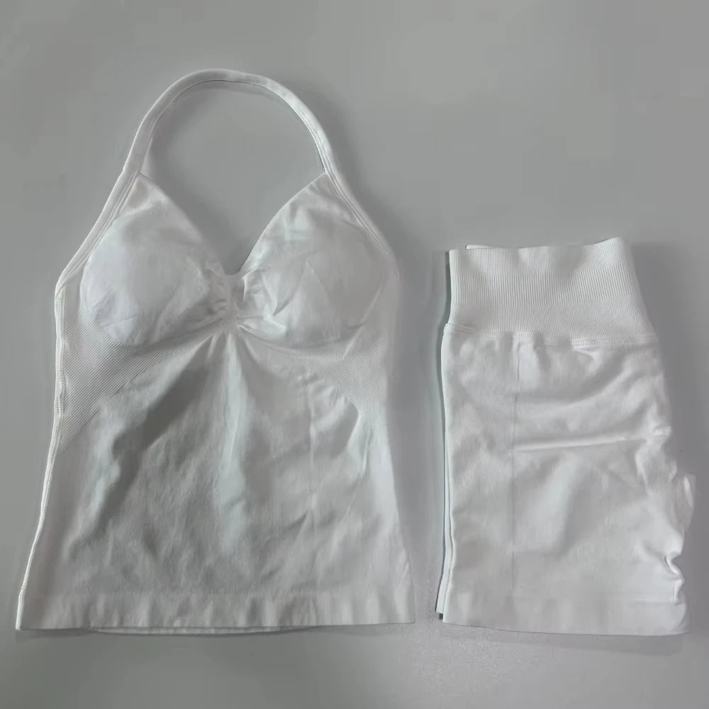 2 Pieces Impact Sports Set Women Backless Tank Yoga Tops High Waist Scrunch Seamless Shorts Sport Gym Set Sportswear Workout Set
