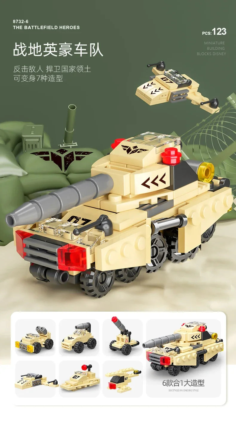 6IN1 Building Blocks City Fire Car Police Truck Engineering Crane Tank Helicopter Bricks Set Toys for Children Kids