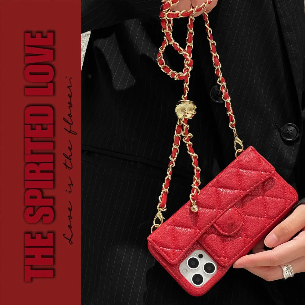 Crossbody Adjustable Lanyard Chain Phone Case for iPhone 16 15 14 13 12 Pro Max Plus Wallet Card Slot Holder Faux Leather Cover