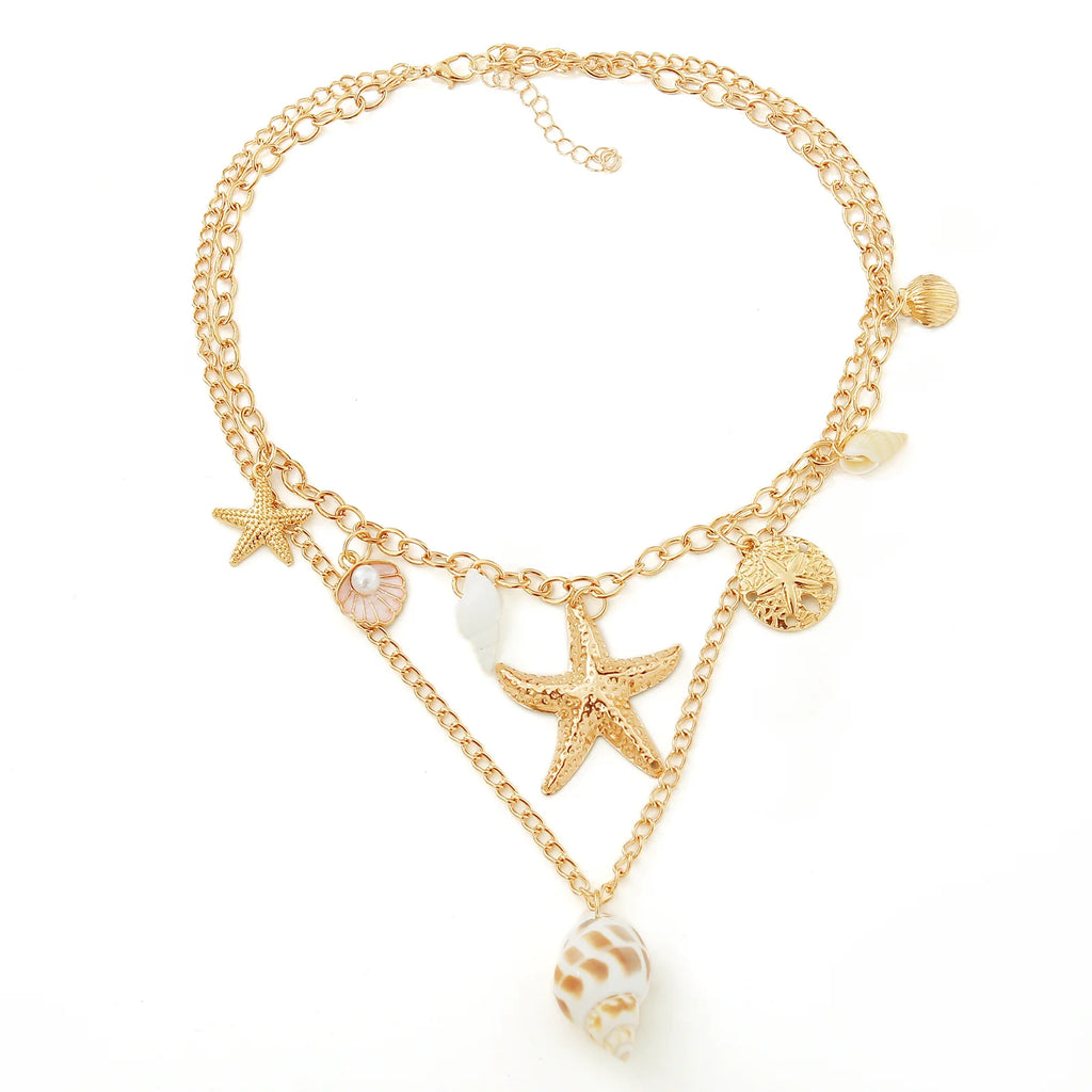 MHS.SUN Summer Shell Starfish Conch Pendant Necklace for Women Bohemian Metal Gold Color Chic Beach Jewelry Vacation Party Gift