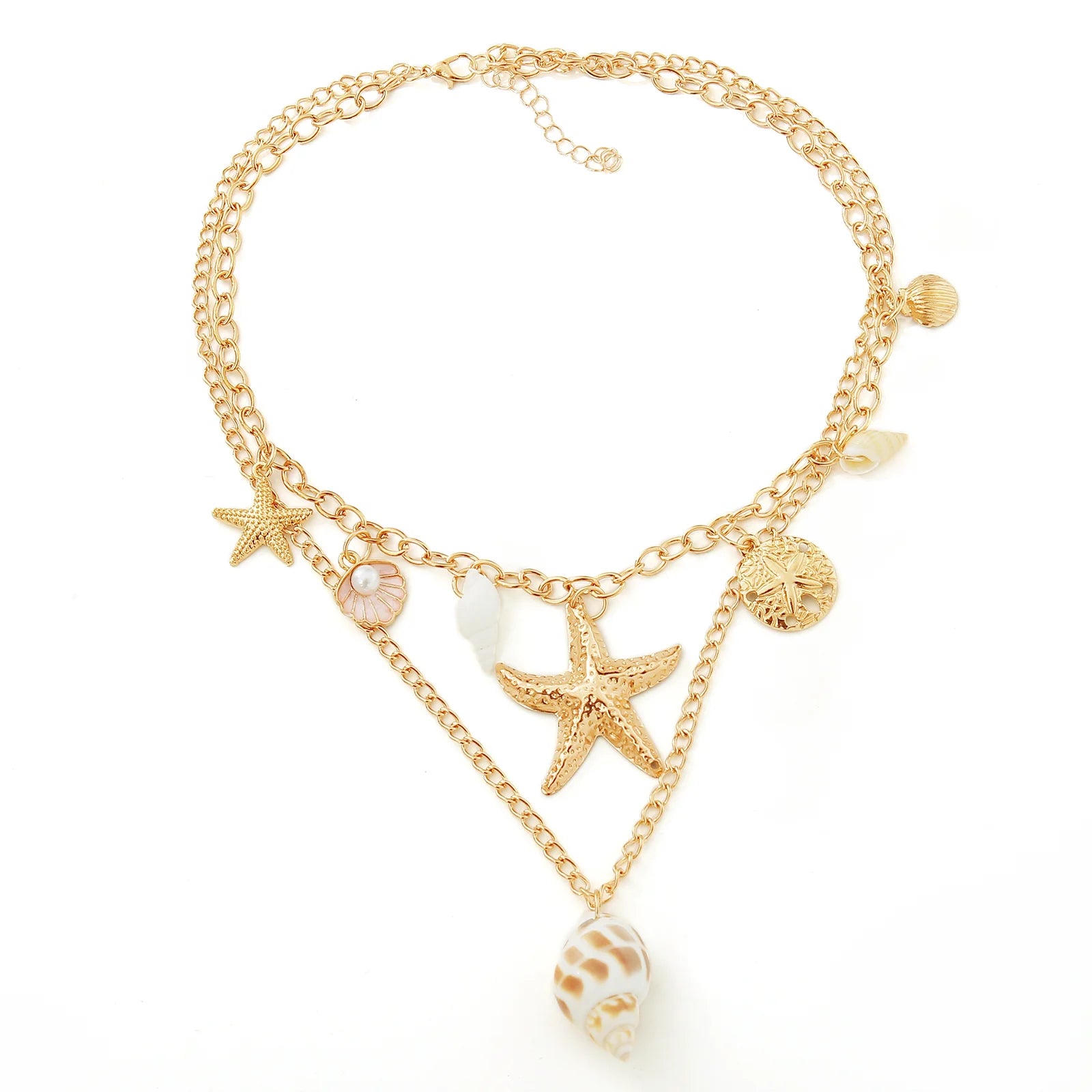 MHS.SUN Summer Shell Starfish Conch Pendant Necklace for Women Bohemian Metal Gold Color Chic Beach Jewelry Vacation Party Gift