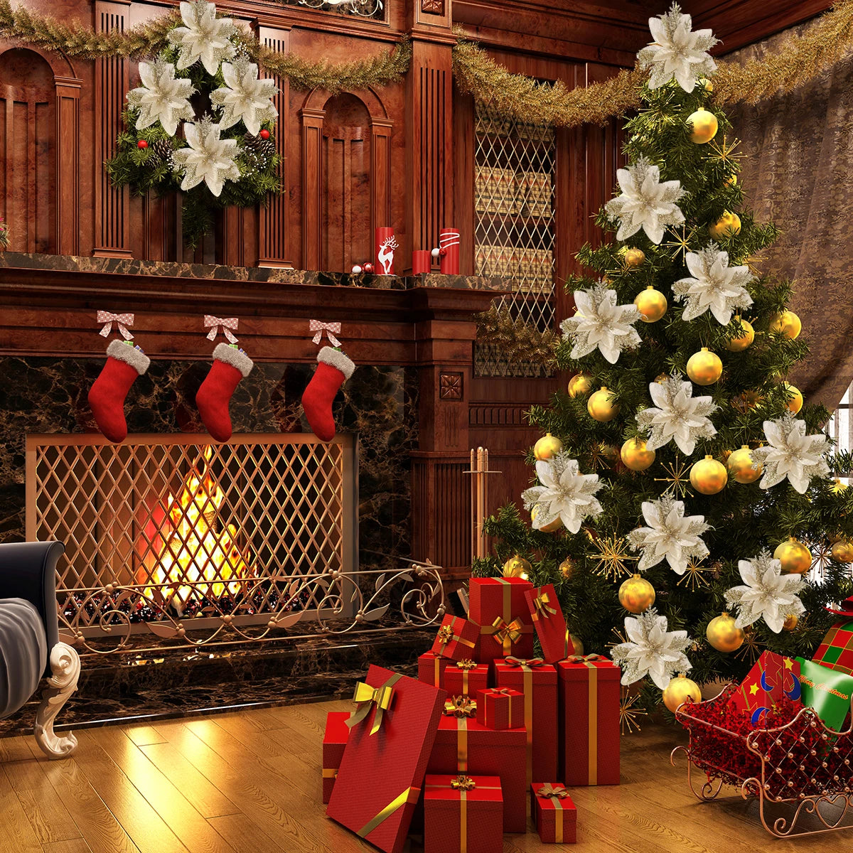 5-20pcs Sparkling Red Golden Silver Poinsettia Artificial Flowers Christmas Tree Ornaments for Xmas New Year party Decoration