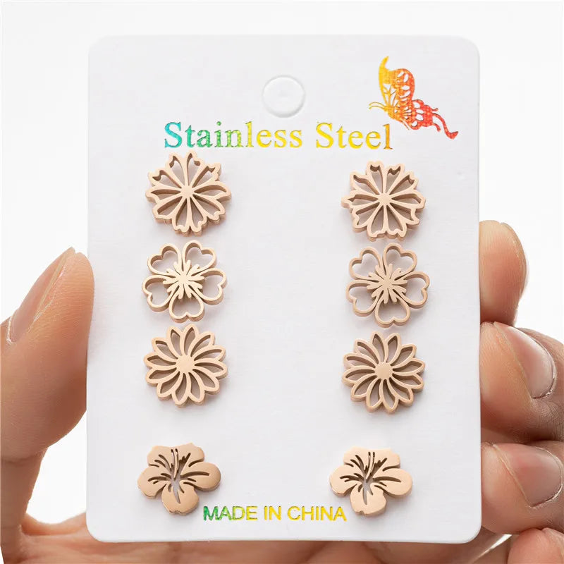 4Pairs/Lot Fashion Stainless Steel Star Moon Stud Earrings Sets for Women Small Flower Porker Dog Earings Jewelry Gift Wholesale