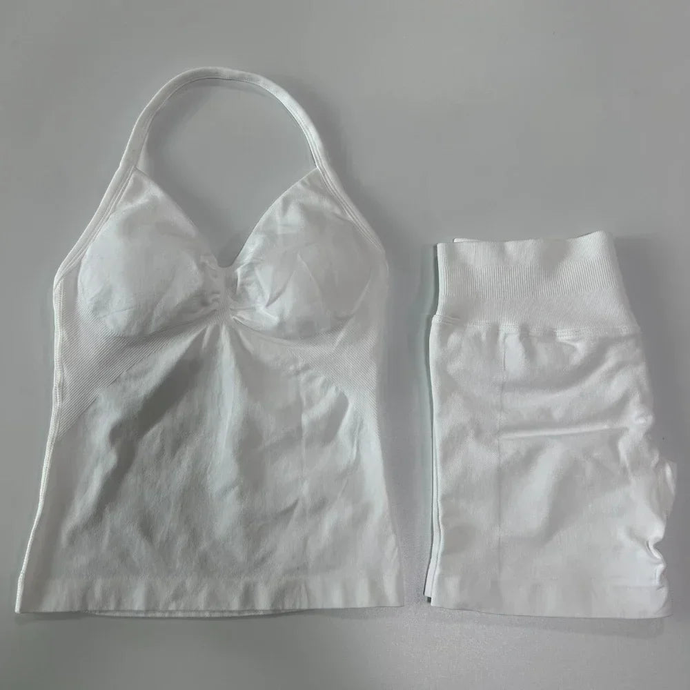 2 Pieces Sports Set Women Backless Tank Tops High Waist Scrunch Seamless Shorts Sport Suit Gym Set Sportswear Workout Set