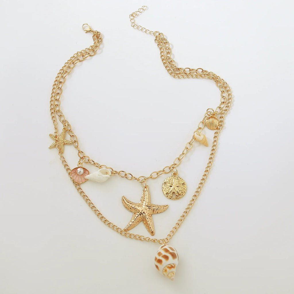MHS.SUN Summer Shell Starfish Conch Pendant Necklace for Women Bohemian Metal Gold Color Chic Beach Jewelry Vacation Party Gift