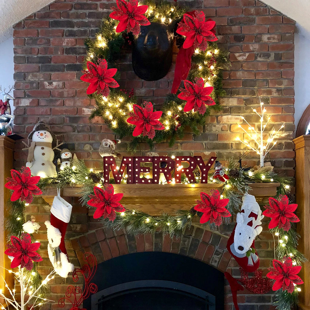 5-20pcs Sparkling Red Golden Silver Poinsettia Artificial Flowers Christmas Tree Ornaments for Xmas New Year party Decoration