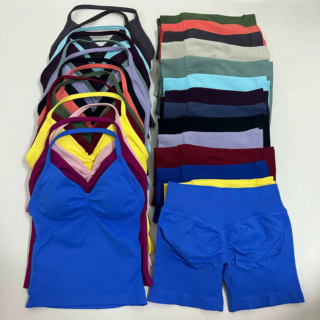 2 Pieces Sports Set Women Backless Tank Tops High Waist Scrunch Seamless Shorts Sport Suit Gym Set Sportswear Workout Set