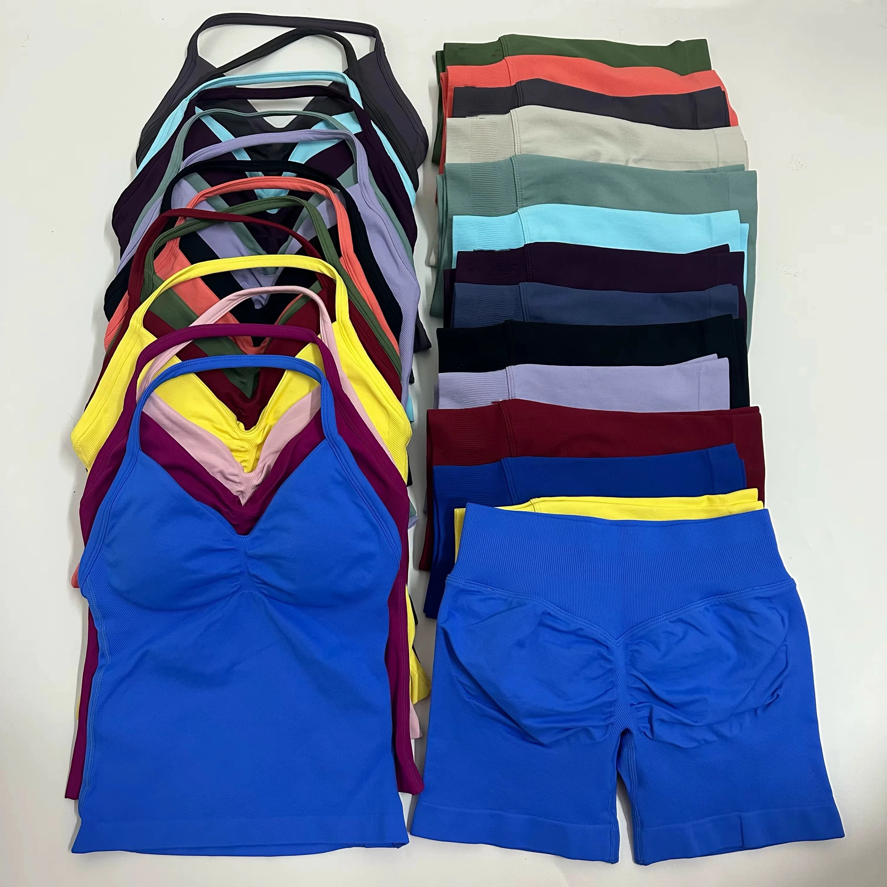 2 Pieces Sports Set Women Backless Tank Tops High Waist Scrunch Seamless Shorts Sport Suit Gym Set Sportswear Workout Set