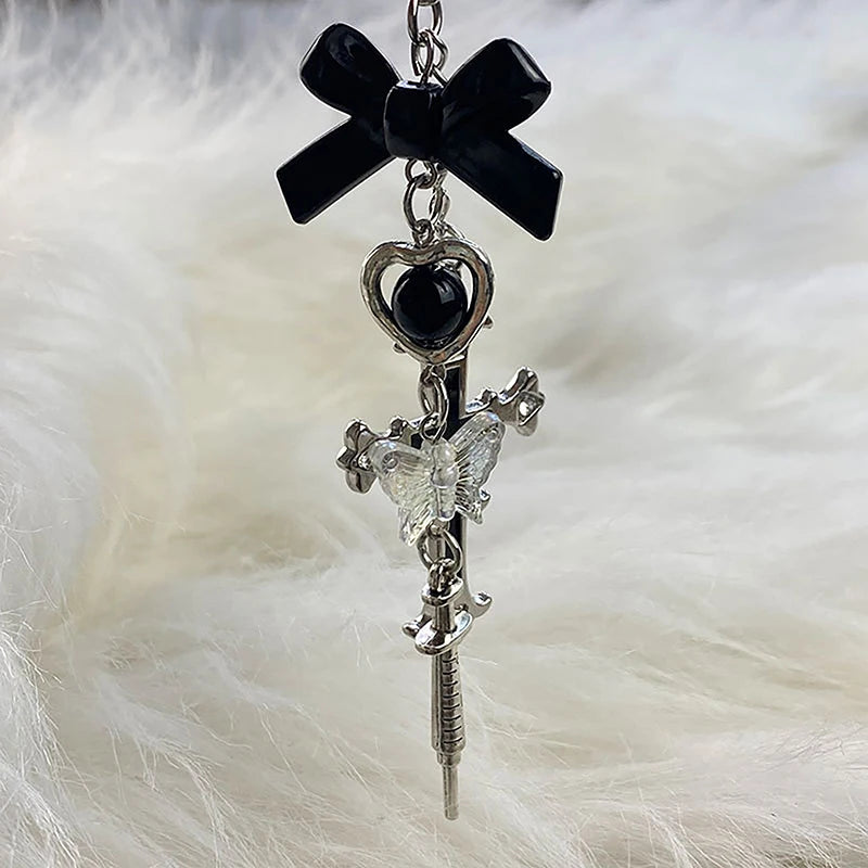 Black Punk Y2K Phone Pendant Chain Cool Girl Sweet Charm With Cross Butterfly Accessories For Phone Bag Lanyard Keychain