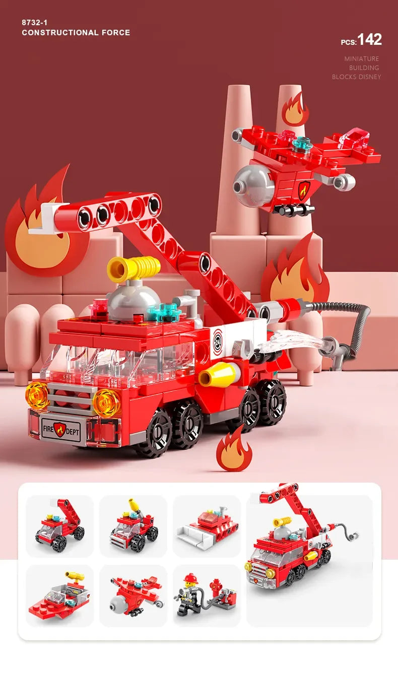 6IN1 Building Blocks City Fire Car Police Truck Engineering Crane Tank Helicopter Bricks Set Toys for Children Kids