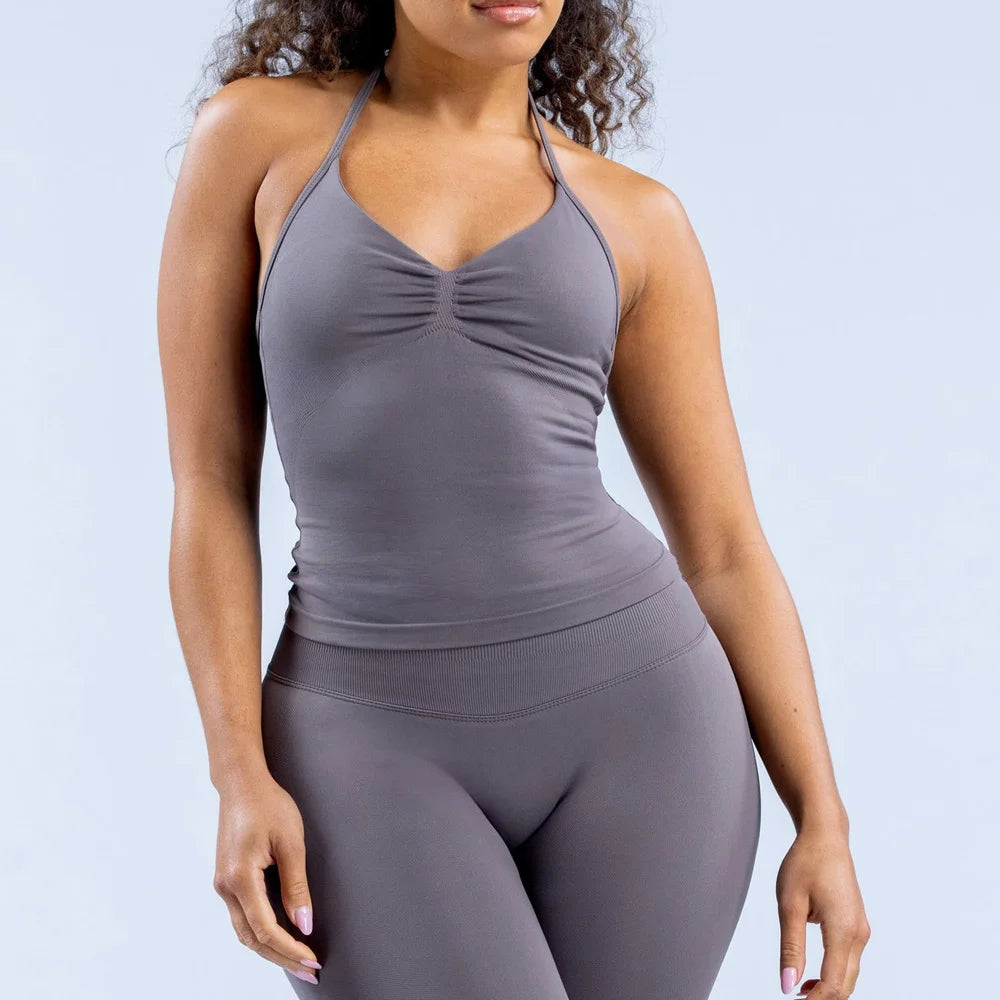 2 Pieces Impact Sports Set Women Backless Tank Yoga Tops High Waist Scrunch Seamless Shorts Sport Gym Set Sportswear Workout Set