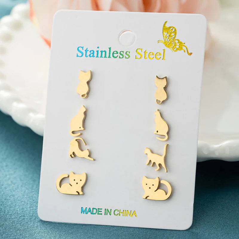 4Pairs/Lot Fashion Stainless Steel Star Moon Stud Earrings Sets for Women Small Flower Porker Dog Earings Jewelry Gift Wholesale