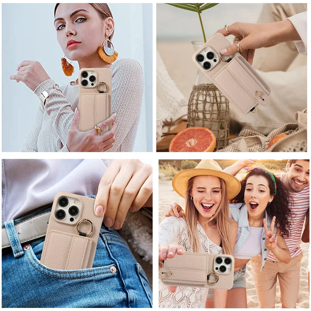 Luxury Shoulder Leather Card Pocket Wallet Case For iPhone 11 12 13 14 15 16 17 Pro Max Plus Purse Phone Cover Wrist Strap Stand