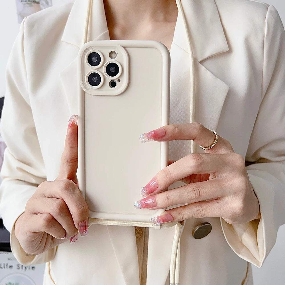 Crossbody Necklace Strap Adjustable Lanyard Silicone Phone Case For iphone 16 15 14 13 12 11 Pro X XR XS Max 7 8 Plus Soft Cover