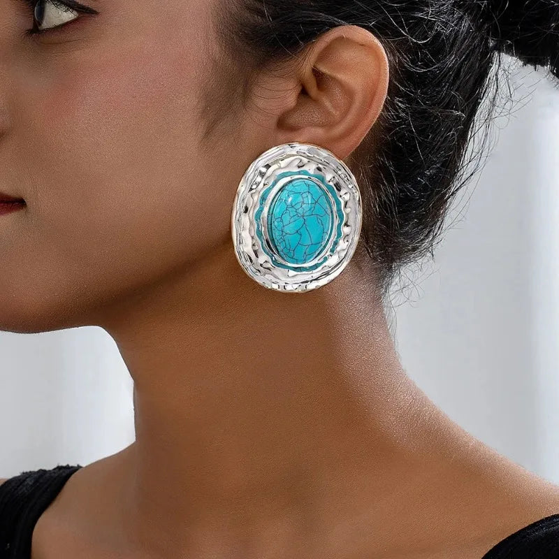 stud earrings for women Exaggerated large size Metal turquoise simple style ear accessories party OL fashion jewelry E520
