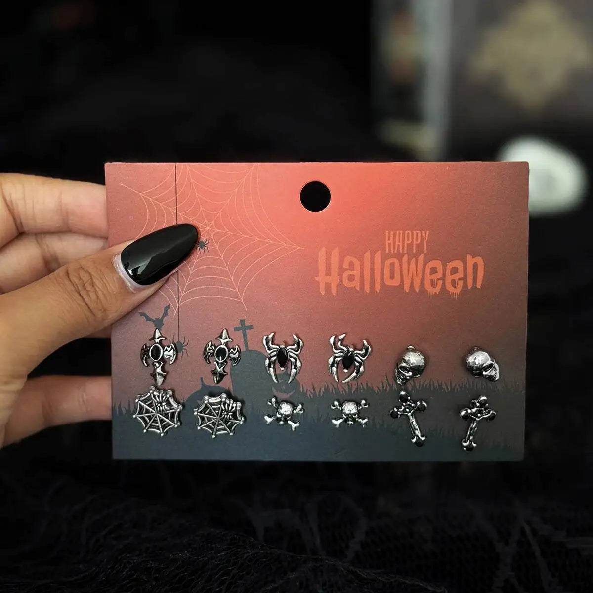 KunJoe 6 Pairs Gothic Spider Cross Skull Earrings for Women Retro Bat Skeleton Stud Earrings Halloween Jewelry Accessories