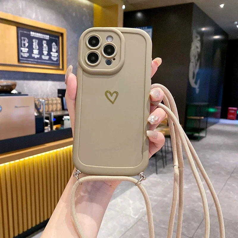 Crossbody Love Phone Cases for IPhone 17 16 Pro Max 15 14 13 12 11 With Lanyard Silicone Back Cover