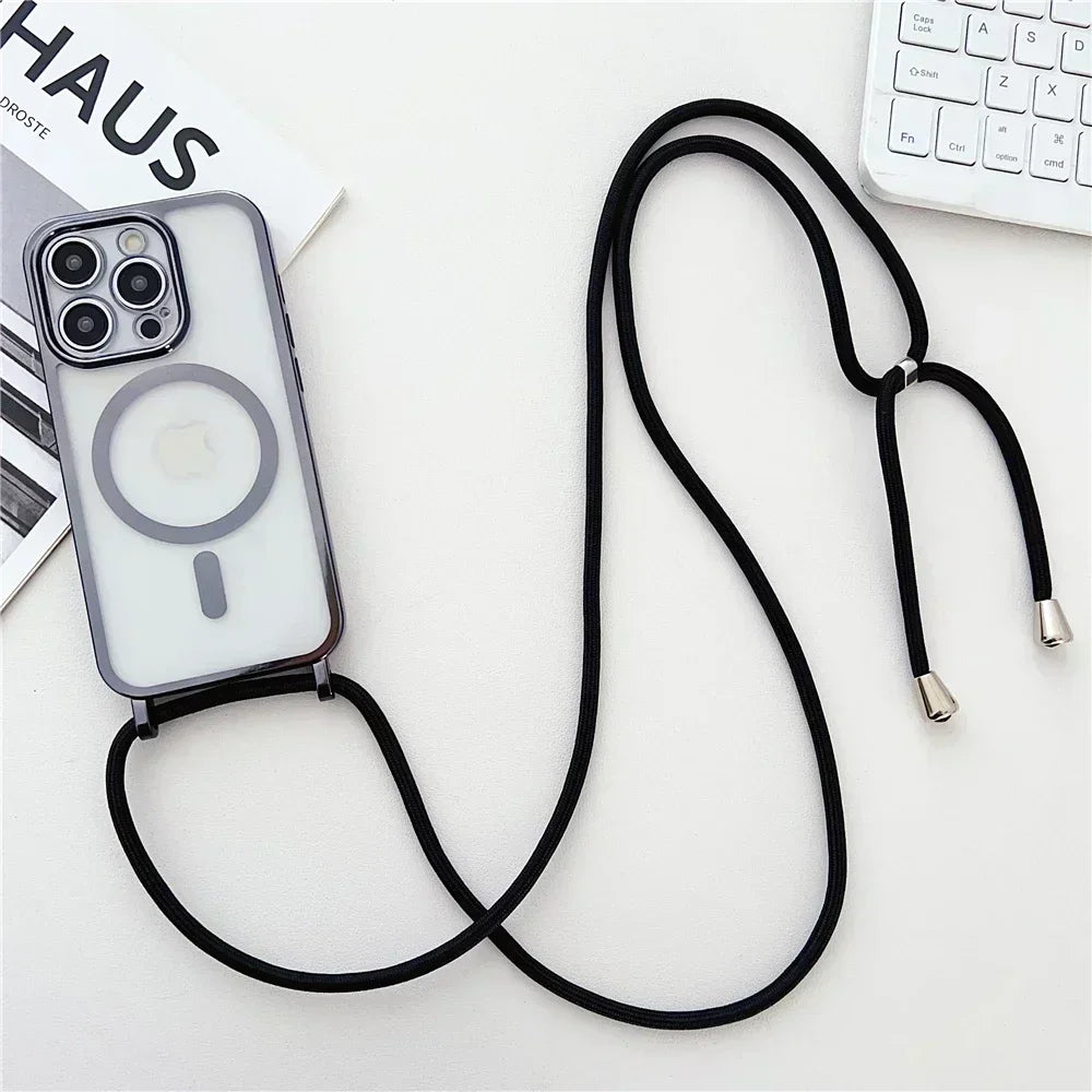 Crossboby Lanyard Plating Clear Phone Case For iPhone 17 Air 16E 16 15 14 13 12 Pro Max For Magsafe Magnetic Necklace Cord Cover