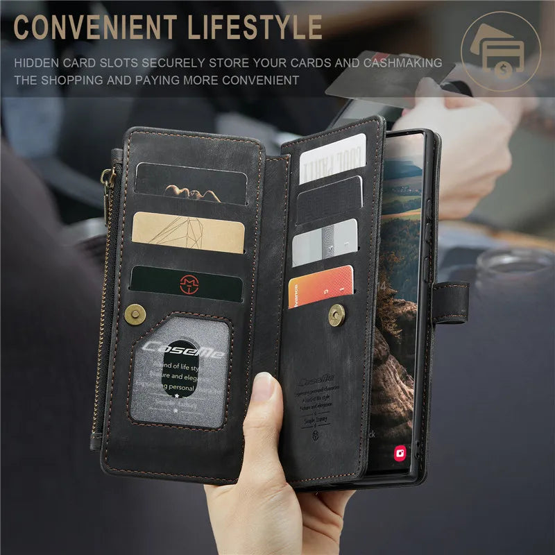 Flip Leather Phone Case For Samsung Galaxy S25 Edge S24 Ultra S23 FE S22 S21 S20 Plus Note 20 A16 A56 Zipper Wallet Card Cover