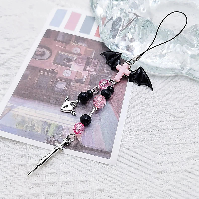 Black Punk Y2K Phone Pendant Chain Cool Girl Sweet Charm With Cross Butterfly Accessories For Phone Bag Lanyard Keychain