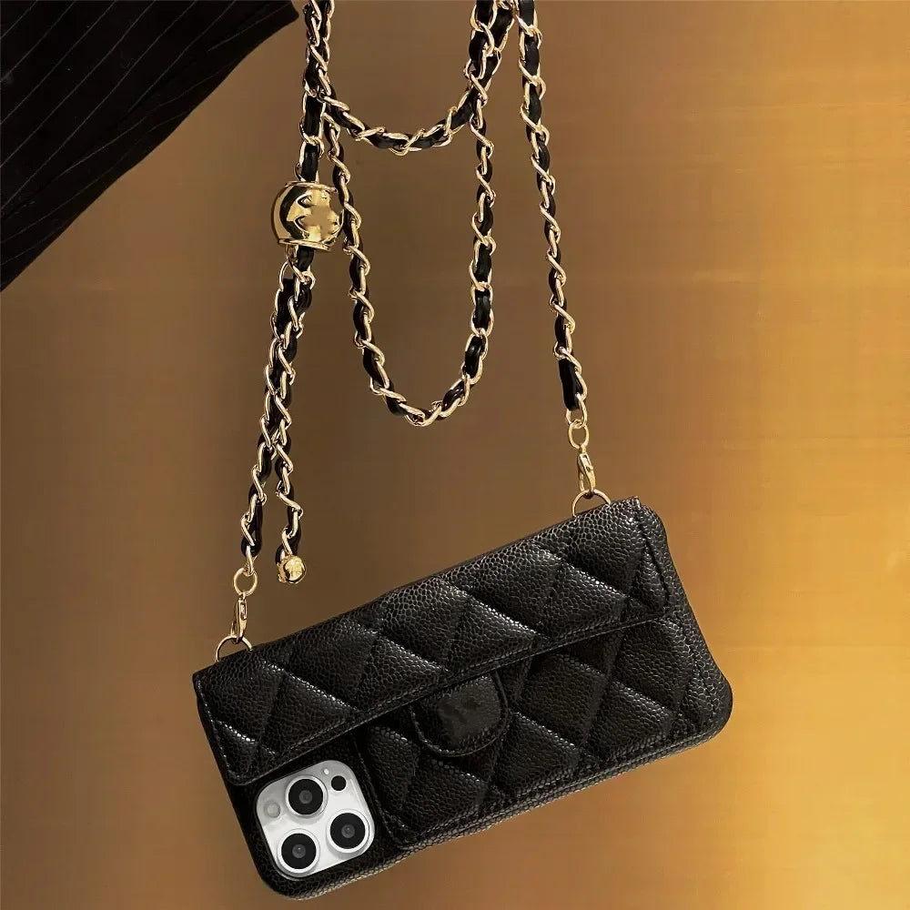 Crossbody Adjustable Lanyard Chain Phone Case for iPhone 16 15 14 13 12 Pro Max Plus Wallet Card Slot Holder Faux Leather Cover